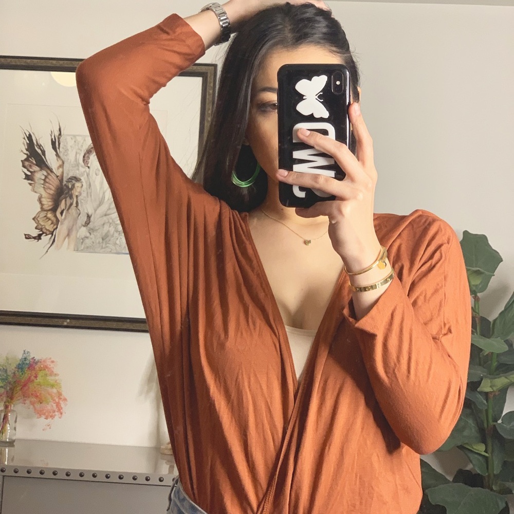 planet blue burnt orange surplice bodysuit